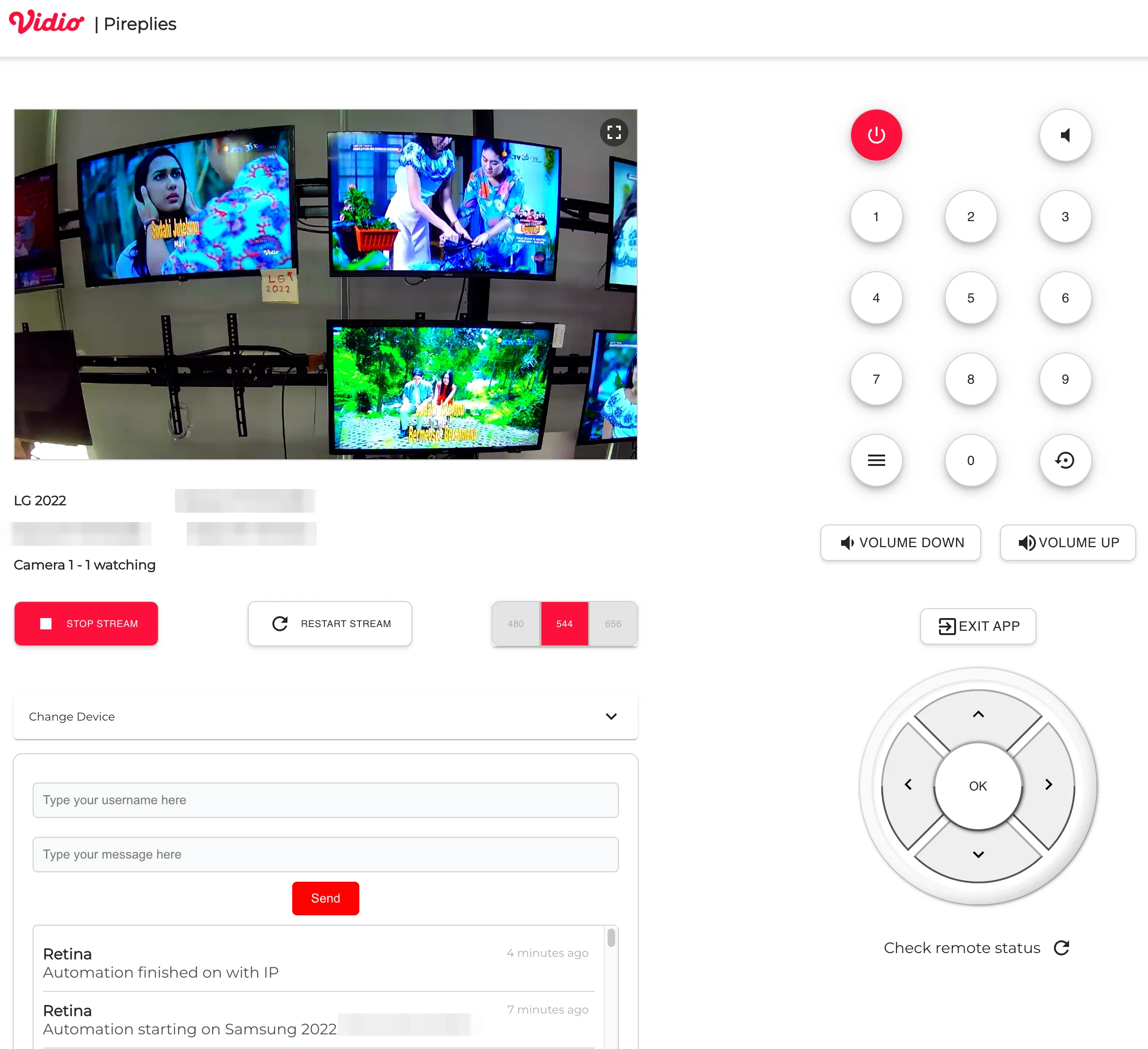 The control page: a live webcam view of three televisions playing content, beside a virtual remote with power, numpad, volume and D-pad. Below are stream controls, a chat box and an activity log.